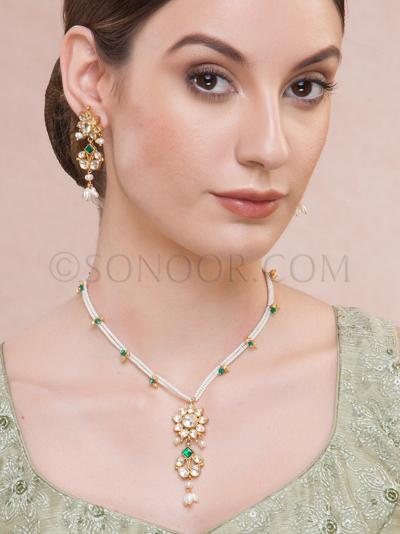 Menila Kundan Green Jade Pendant Set