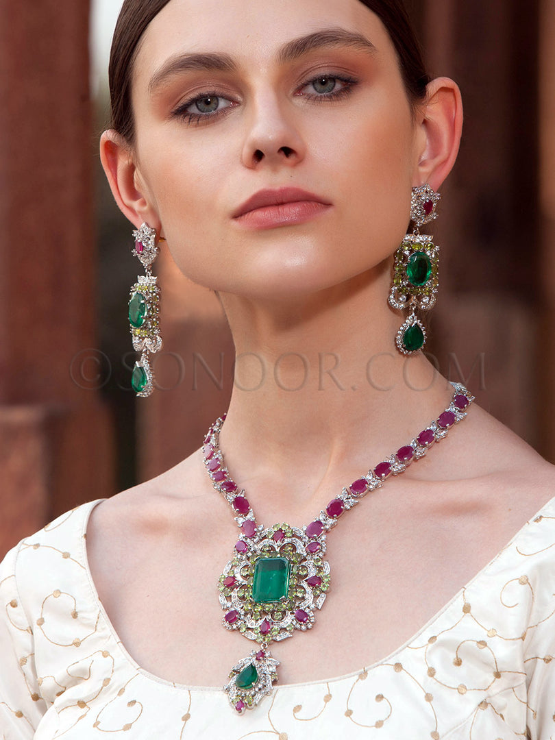 Swara Rubies Green Stone Pendant Set