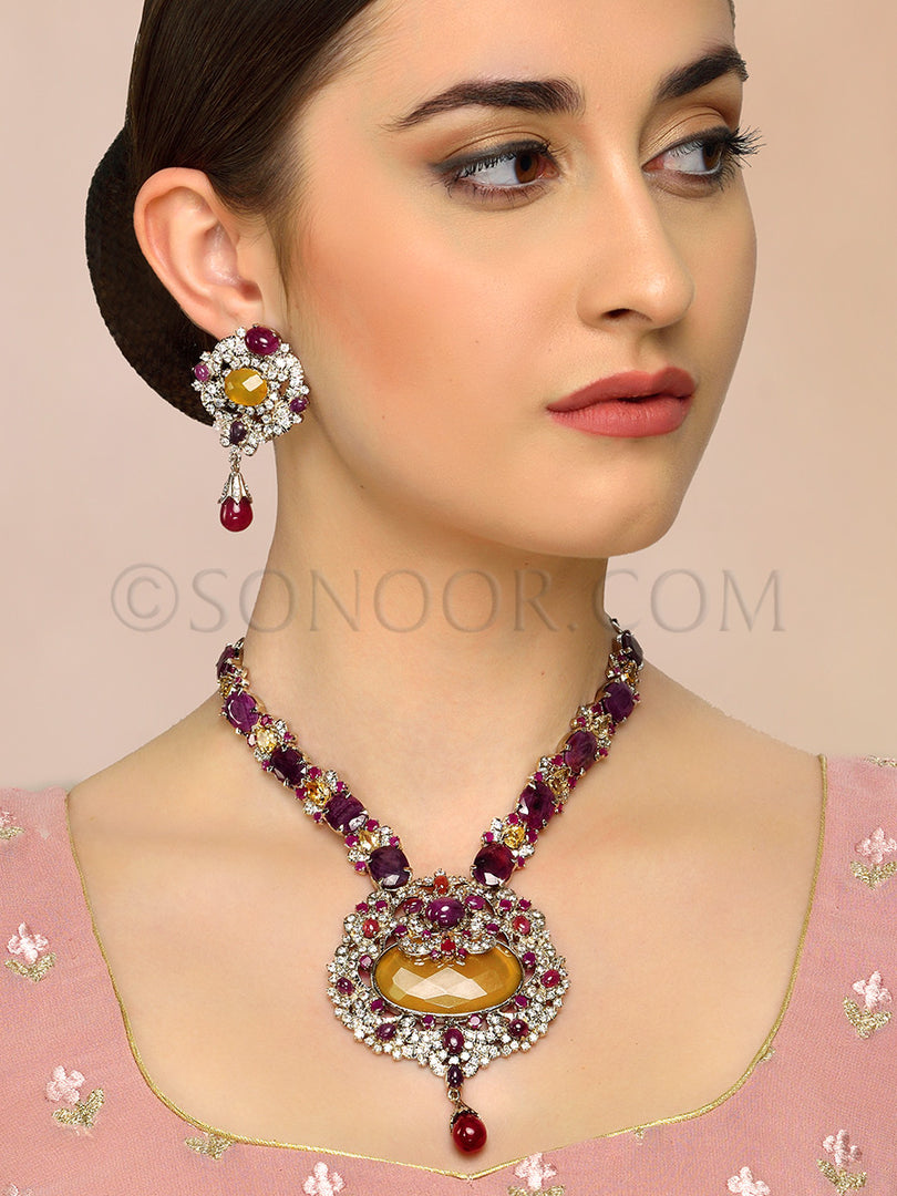 Meher Victorian Ruby Citrine Pendant Set