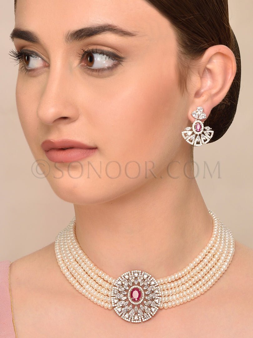 Jivika CZ Pearl String Pendant Set