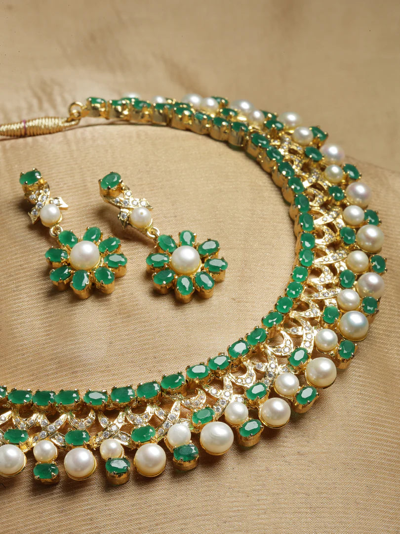 Lira Pearls & green Emerald Necklace Set