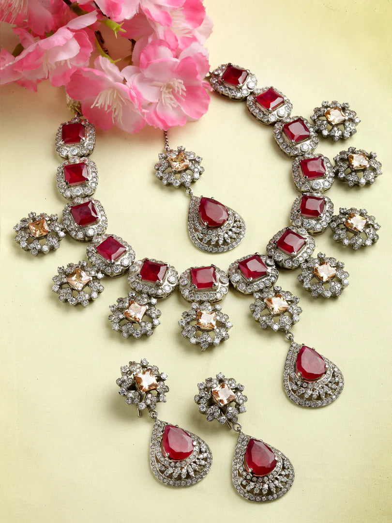 Drishya Victorian CZ Red Jade Necklace set