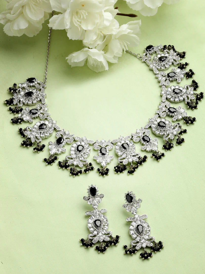 Rumita Silver Finish CZ Black Stone Necklace