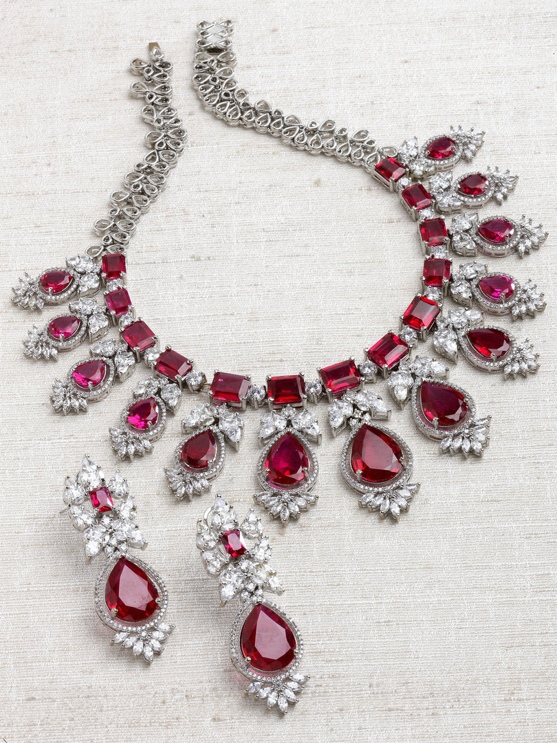 Goura Silver Finish Red CZ Necklace Set