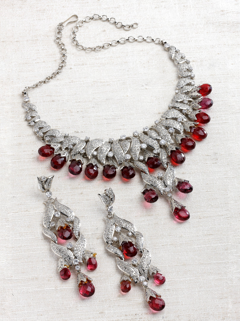 Elina Victorian Zircon Red Drop Necklace Set