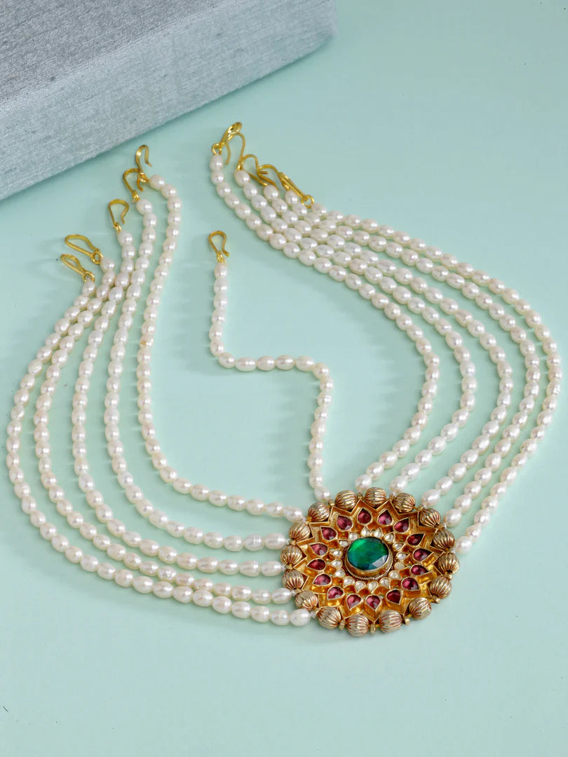 Kundan Jade Multi Strings in Pearl Matha Patti