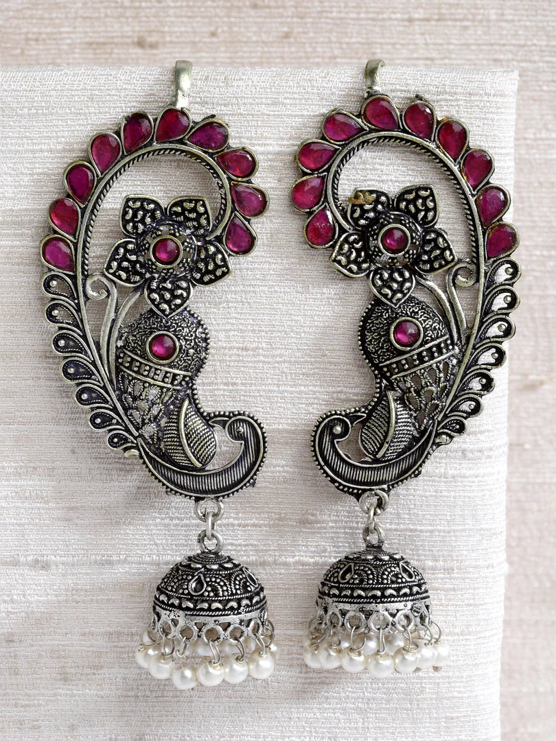 Antique Silver Finish Red Jade Earrings