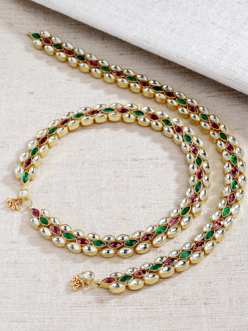 Gold Finish Kundan Red & Green Jade Payal