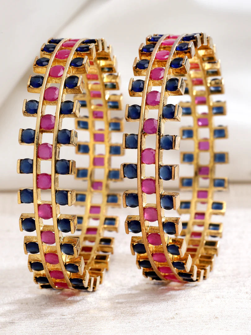 Gold Finish Blue Red Stone Pair Bangles