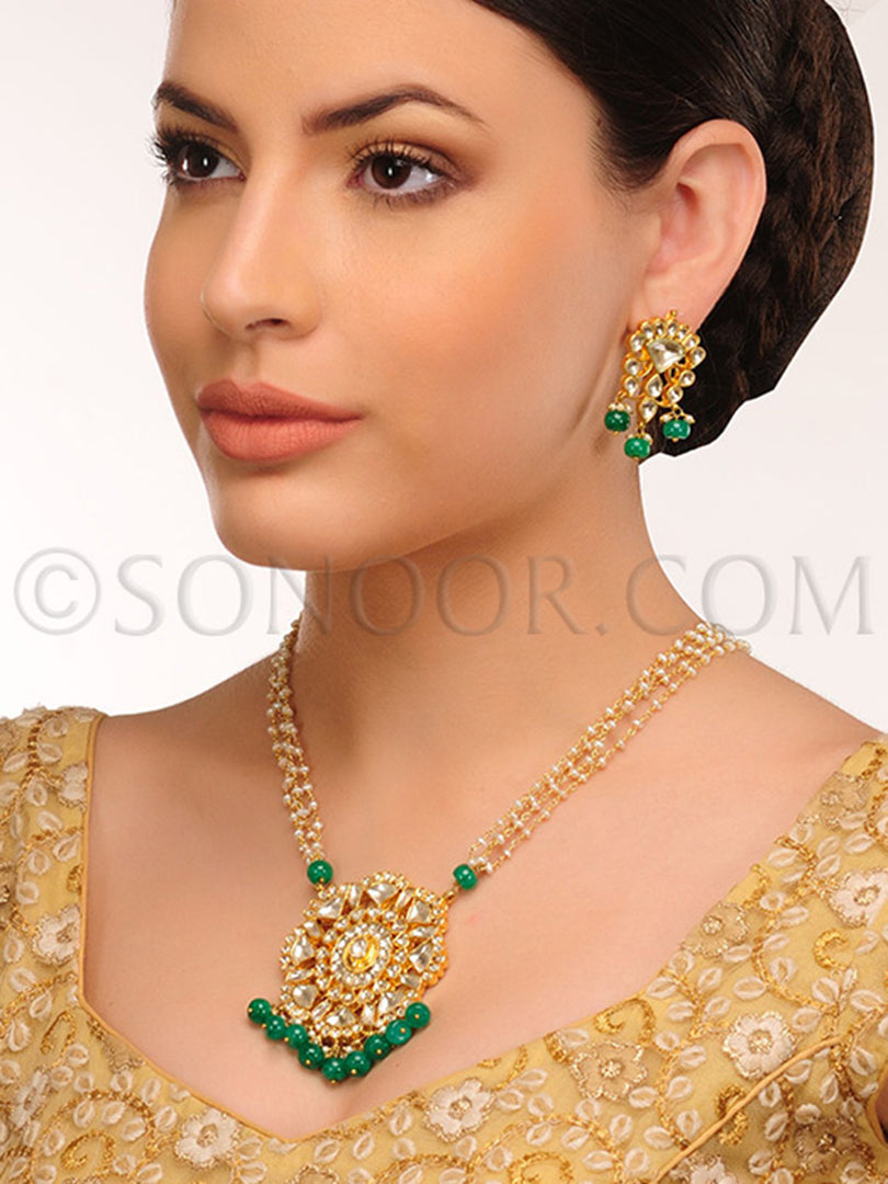 Kayya Kundan Green Stone Drop Pendant Set