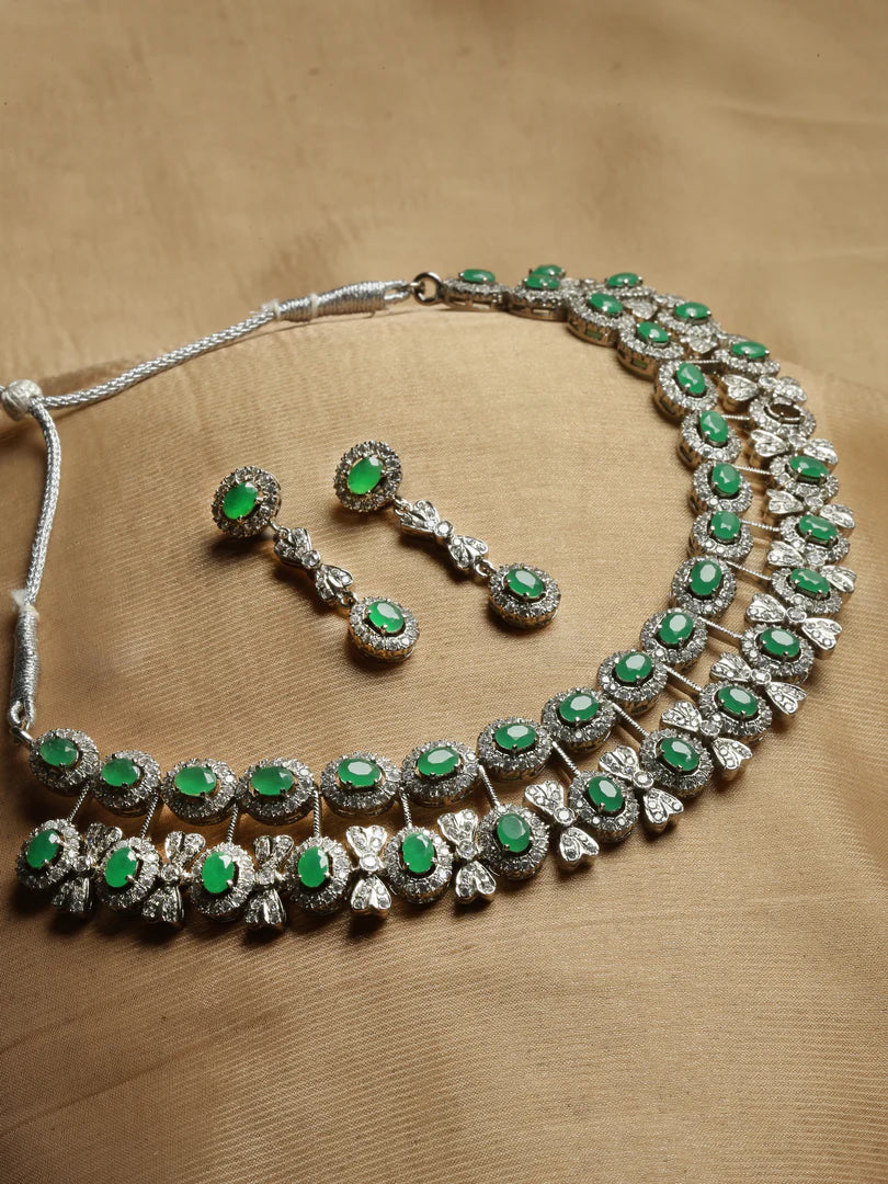 Palky CZ & Green Jade Necklace Set With Earrings