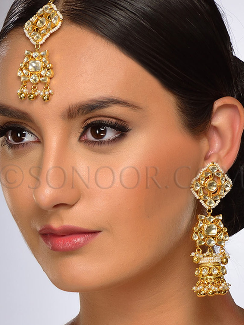 Kundan And Pearl Maang Tika with Earrings