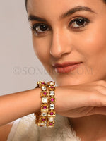 Load image into Gallery viewer, Gold Finish Kundan Jade Openable Bangles
