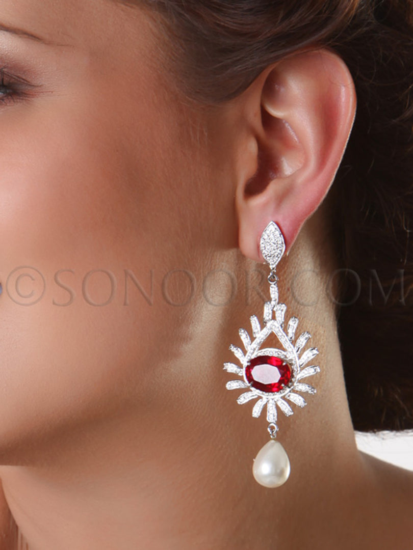 CZ Ruby pearl drop long Earrings