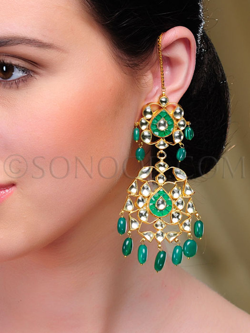 Prana Gold Finish Kundan Emeralds Earrings