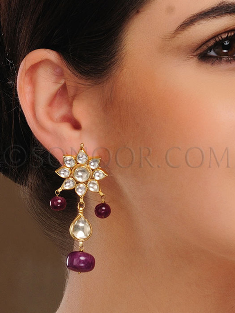 Gold Finsih Kundan Ruby Earrings