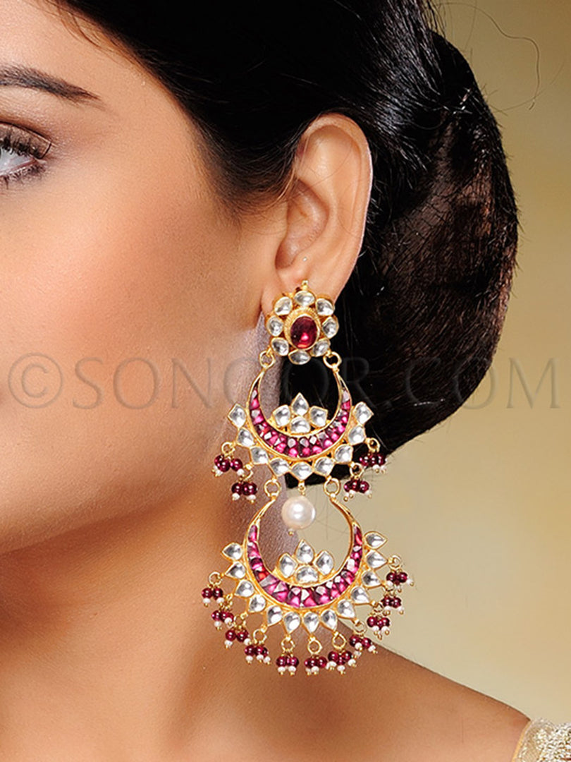 Gold Finish Kundan Ruby Chand Bali