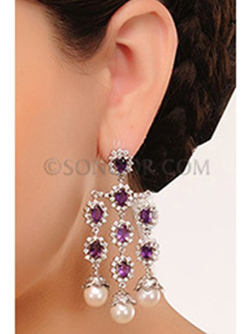 Silver Finish CZ Purple Stone Earrings