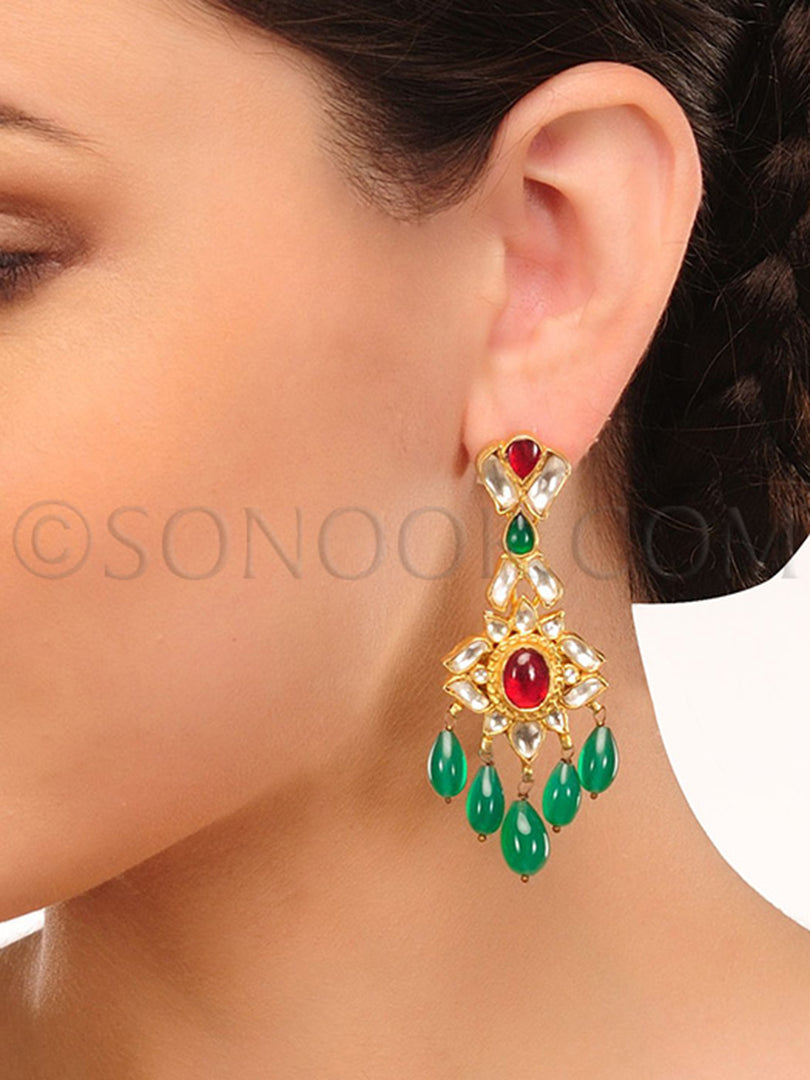 Kundan Red & Green Stone Earrings
