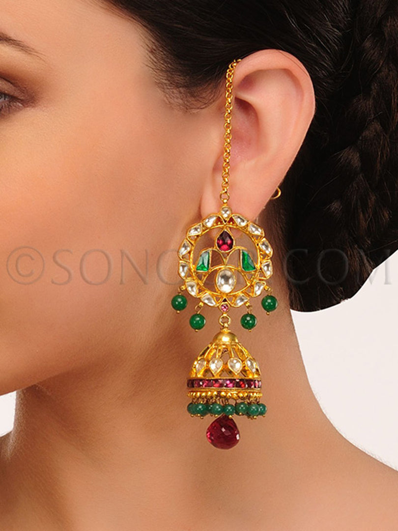 Gold Finish Kundan Jhumki Style Earrings