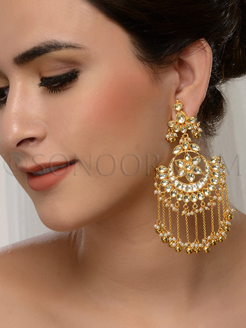 Gold Finish Kundan Chand Bali Earrings