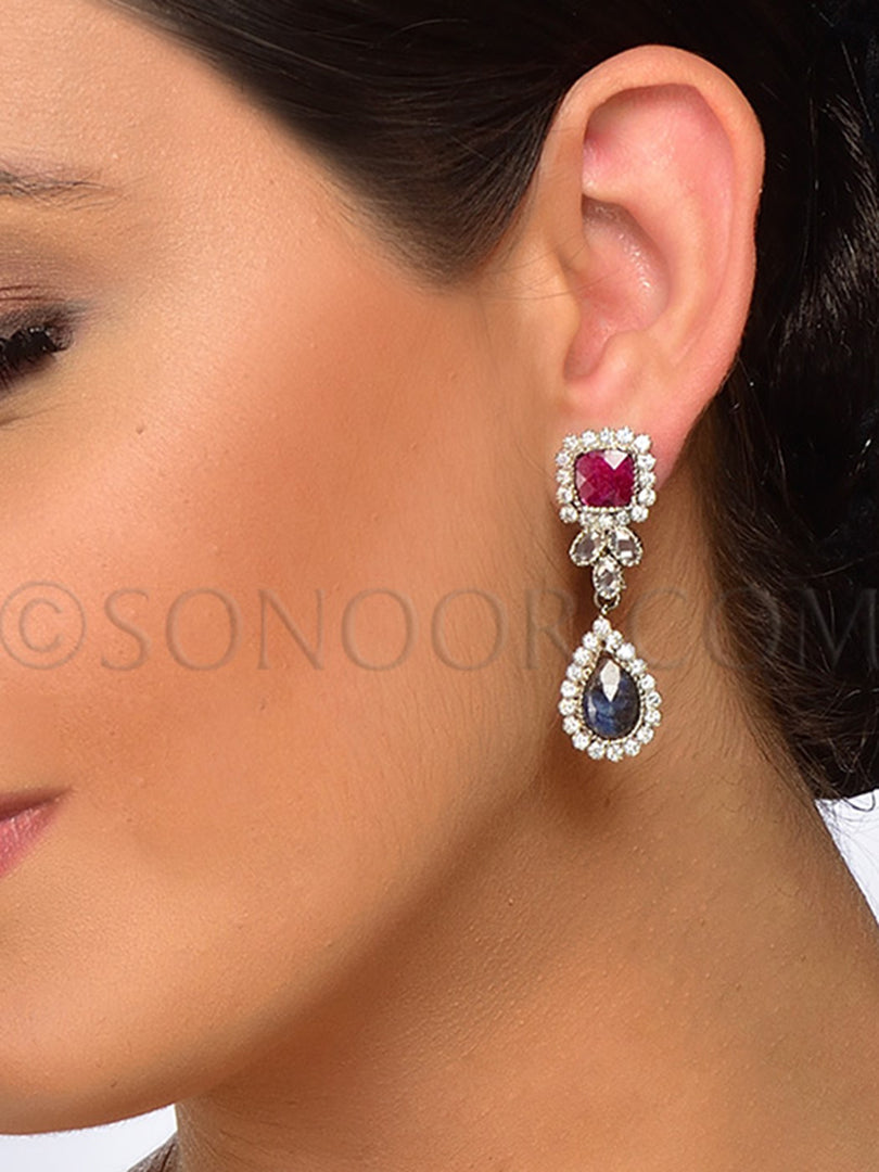 Victorian CZ Ruby Blue Earrings