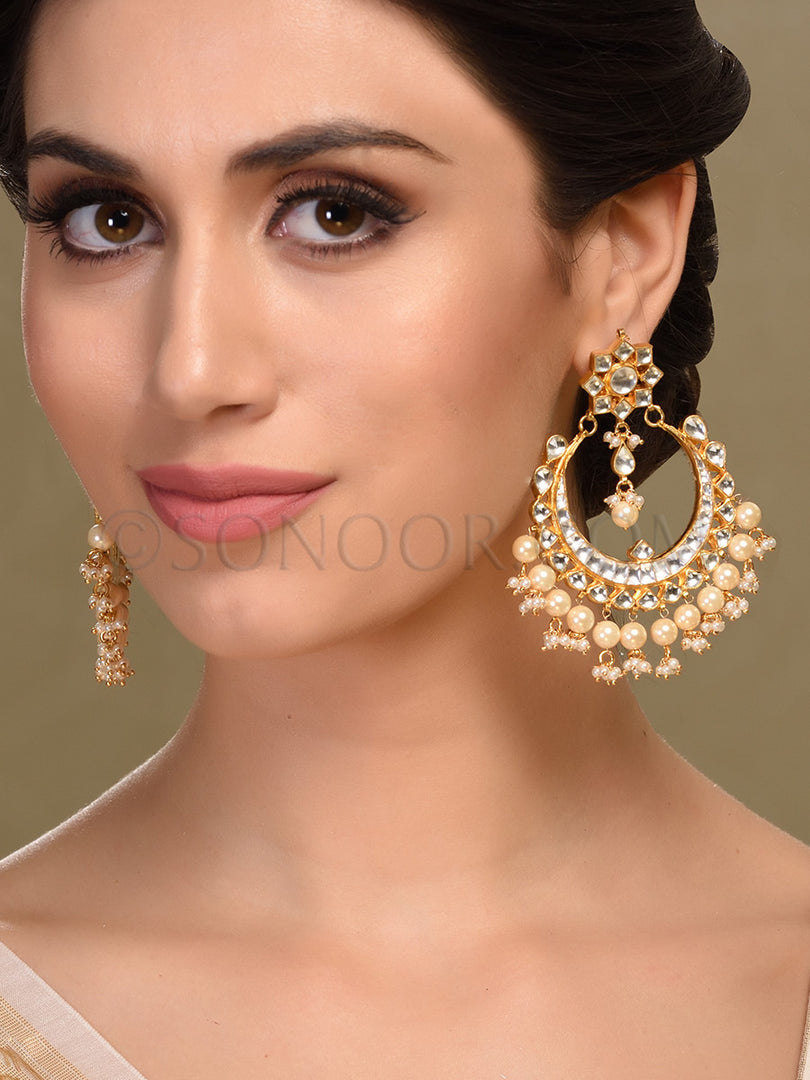 Jisha Kundan Pearl Chand Bali Earrings