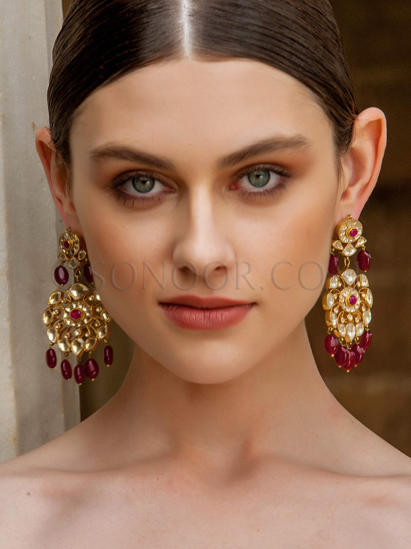 Gold Finish Kundan Red Jade Earrings