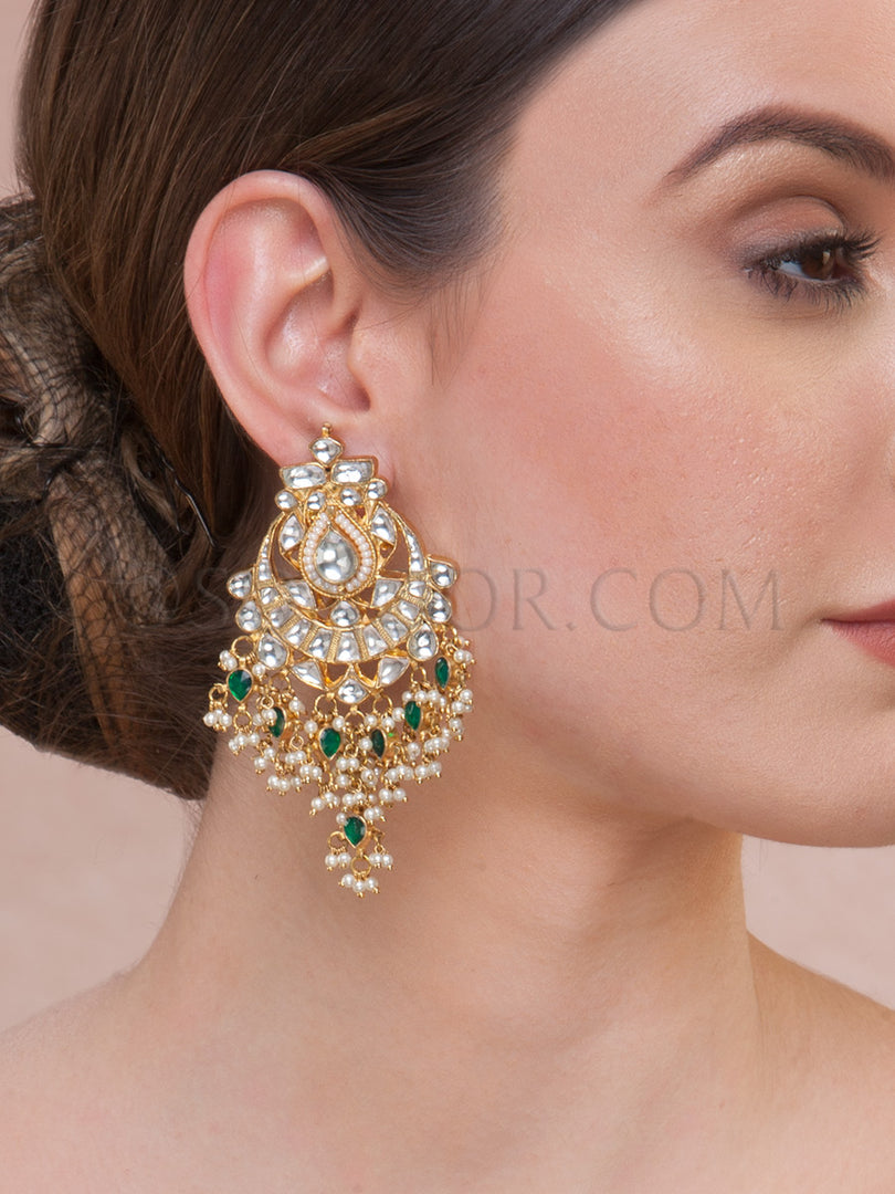 Kundan Green Jade Chand Bali Earrings