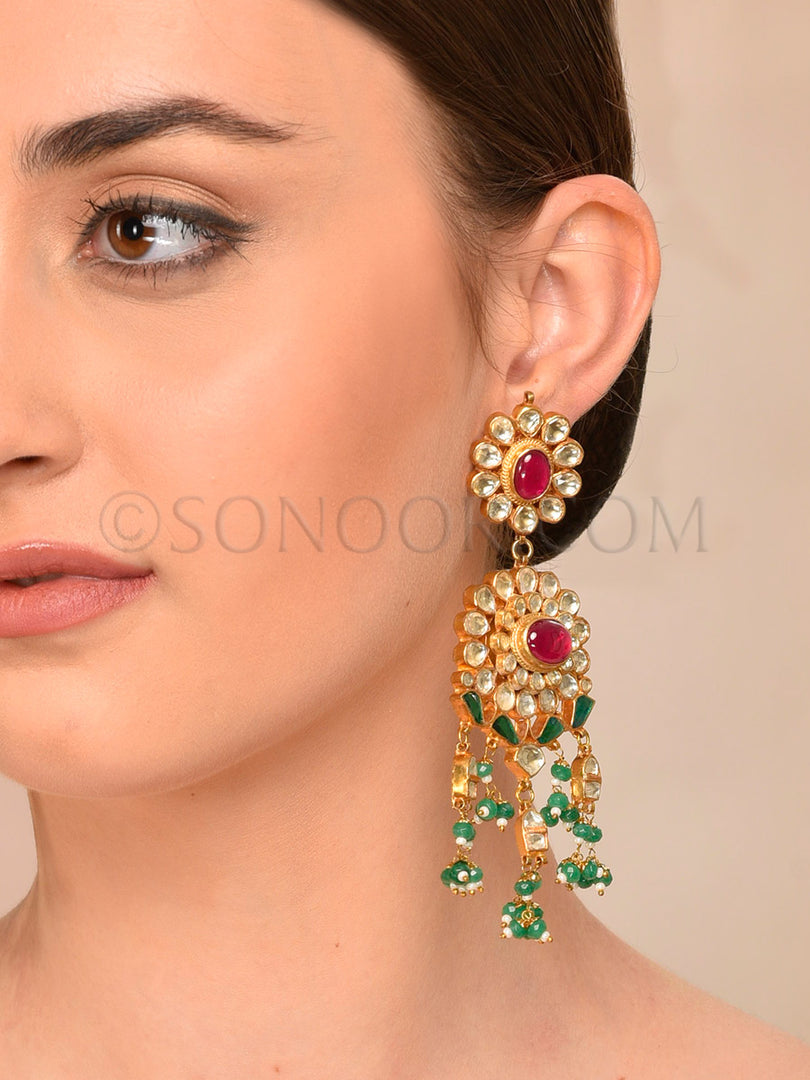 Kundan Red & Green Jade Long Earing