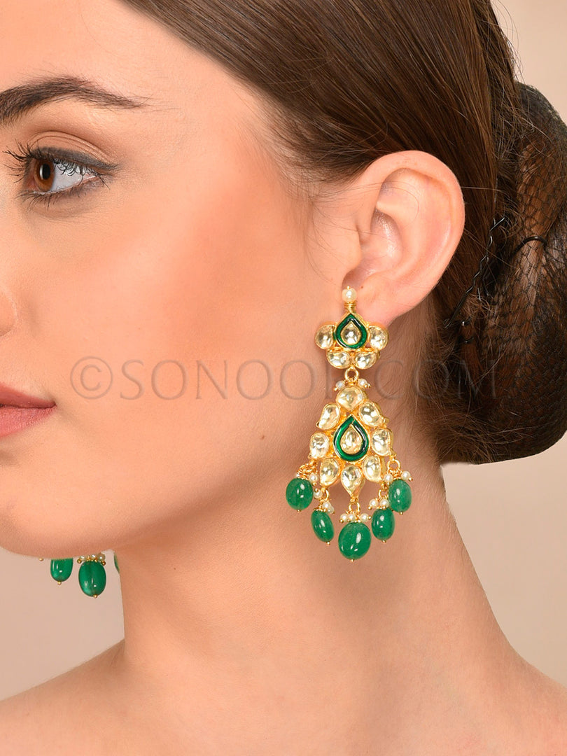 Kundan Green Drop Earrings
