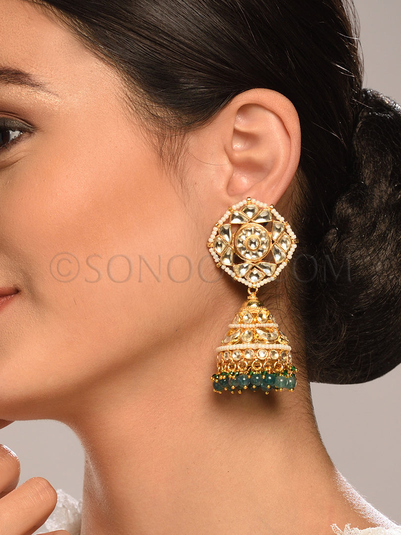 Gold Finish Kundan Jhumka Style Earrings