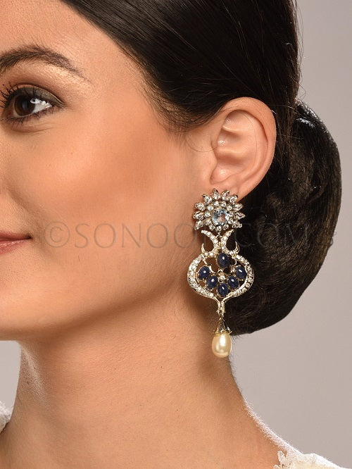 Victorian Blue Stone Pearl Drop Earrings