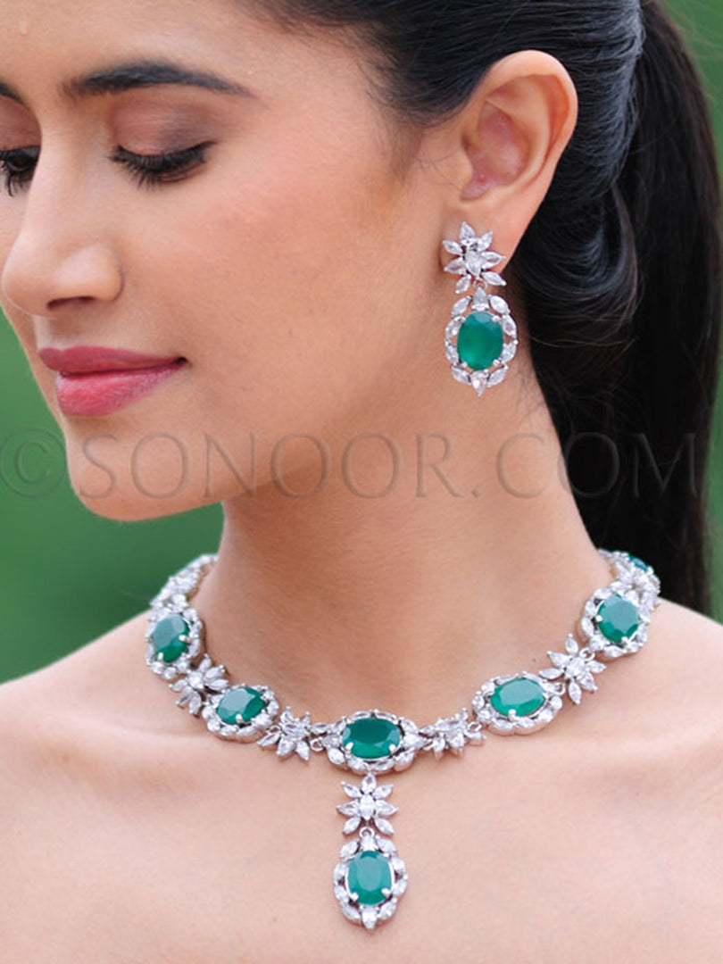 Shiuli CZ Stone Green Jade Necklace Set