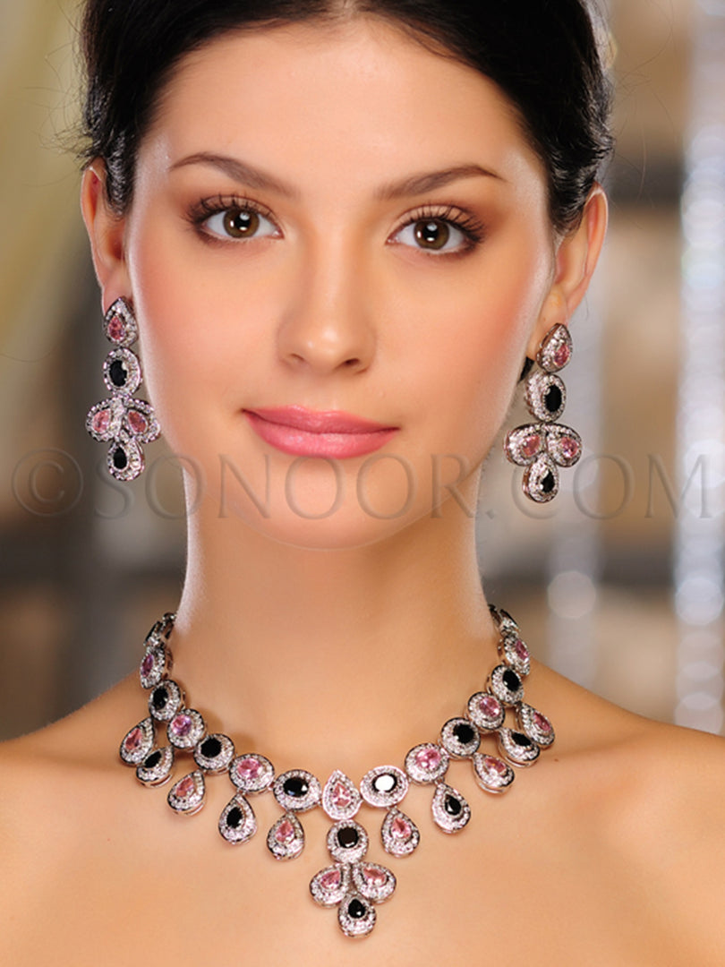 Deshna CZ Black & Pink Stone Necklace Set