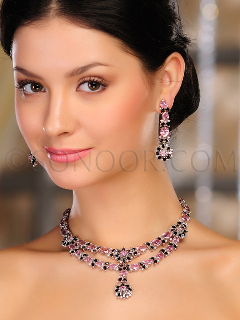 Saila Victorian Black & Pink Stone Necklace