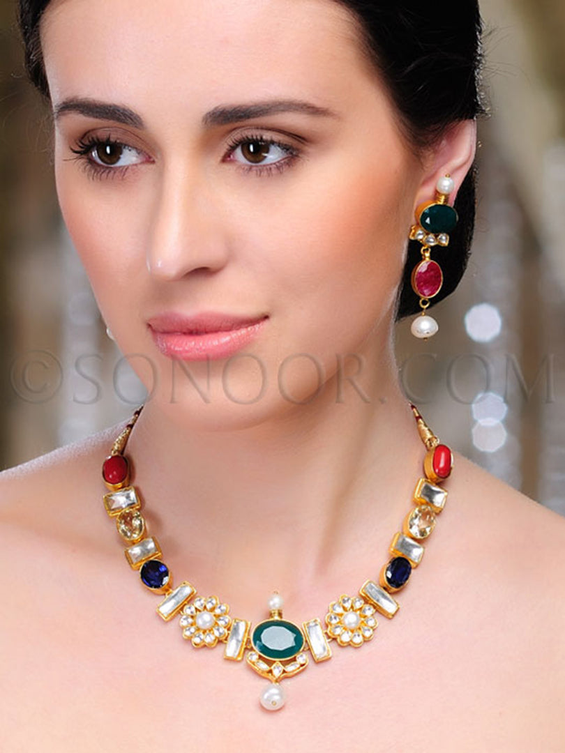 Evaki Kundan Multi Stone Pearl Necklace Set