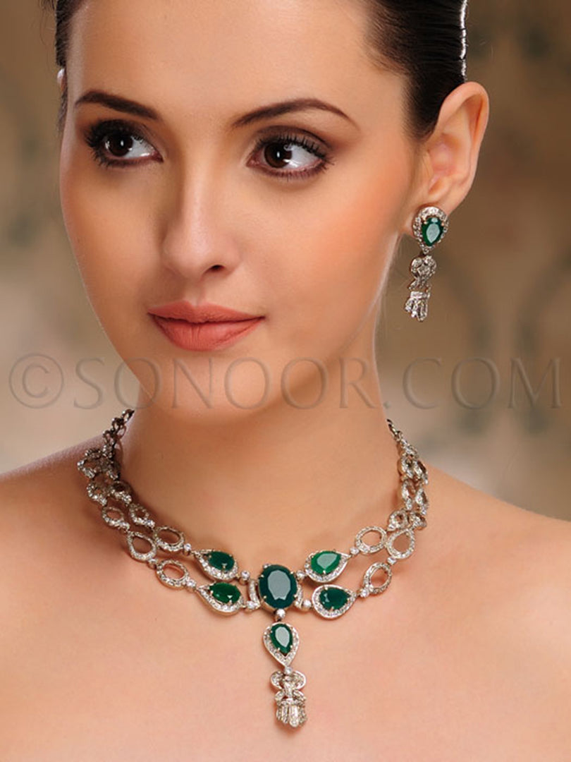 Roohi Victorian Emerald Czee Stone Necklace Set