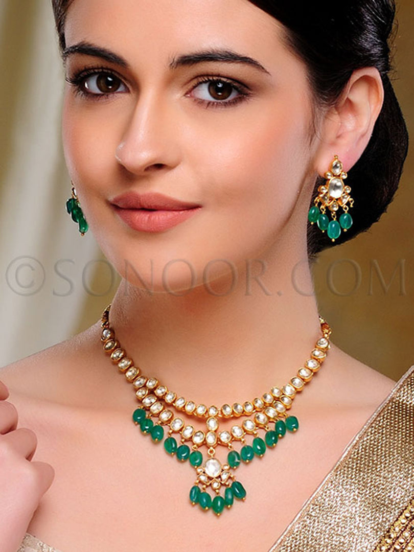 Hrida Kundan Green Jade Necklace Set with Earrings