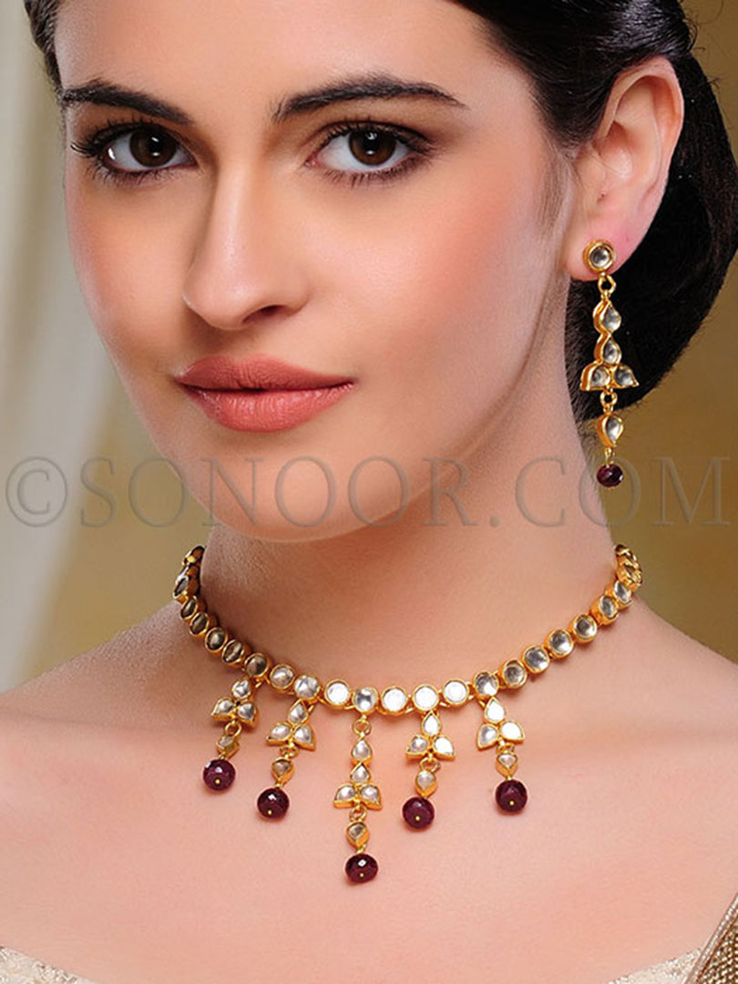 Aura Kundan Ruby Droplets Necklace Set