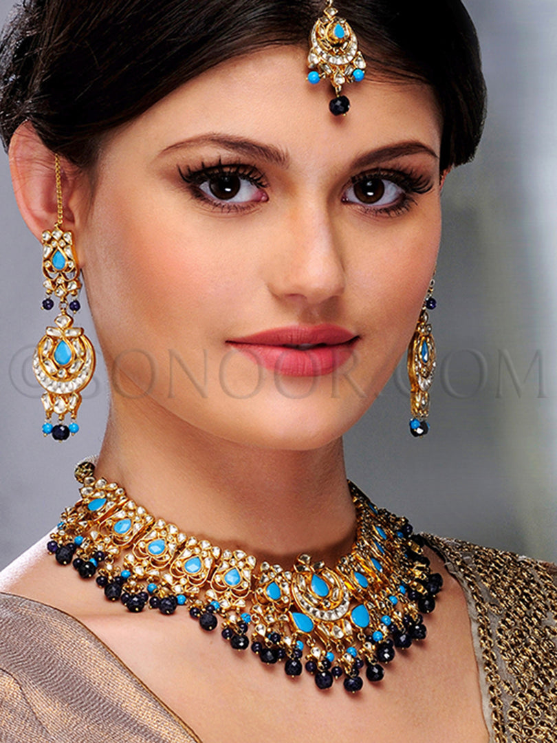 Anushma Gold Plated Kundan Blue Stone Necklace