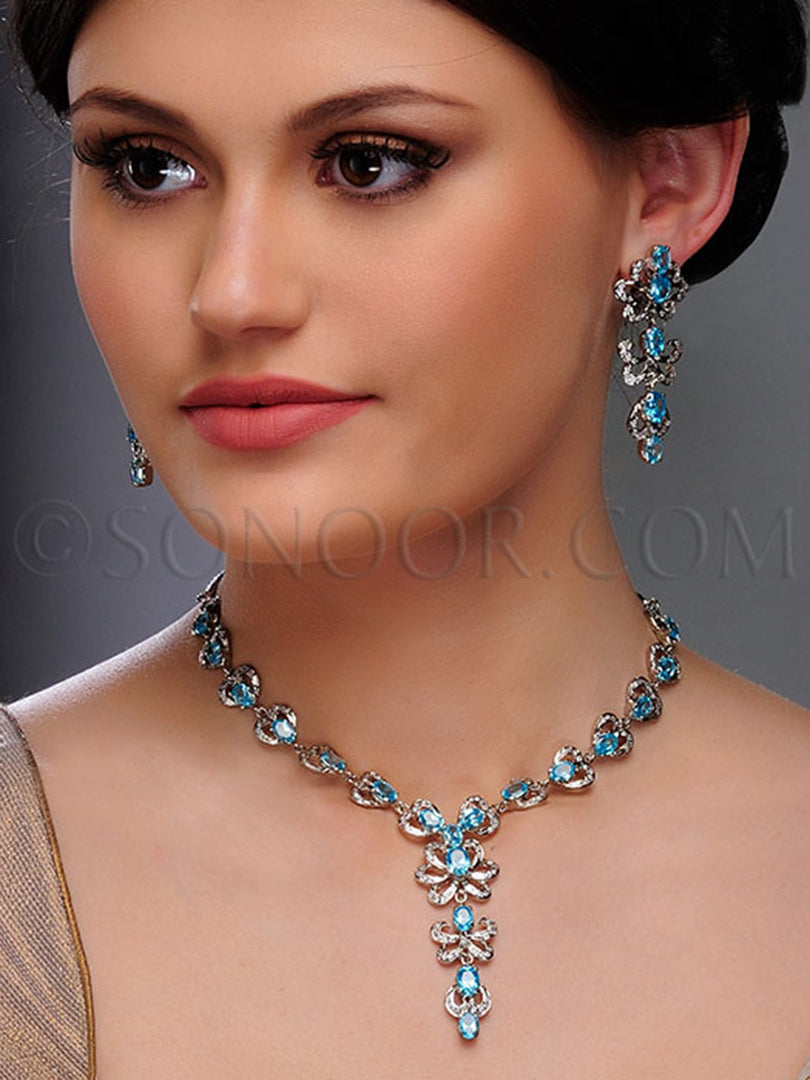 Kumvi Victorian Blue CZ Stone Necklace Set