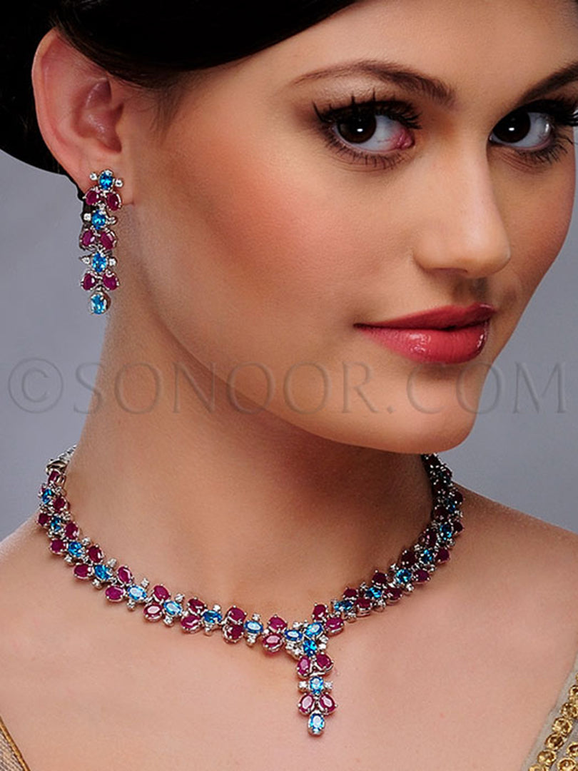 Meli Victorian Blue Pink Stone Necklace Set