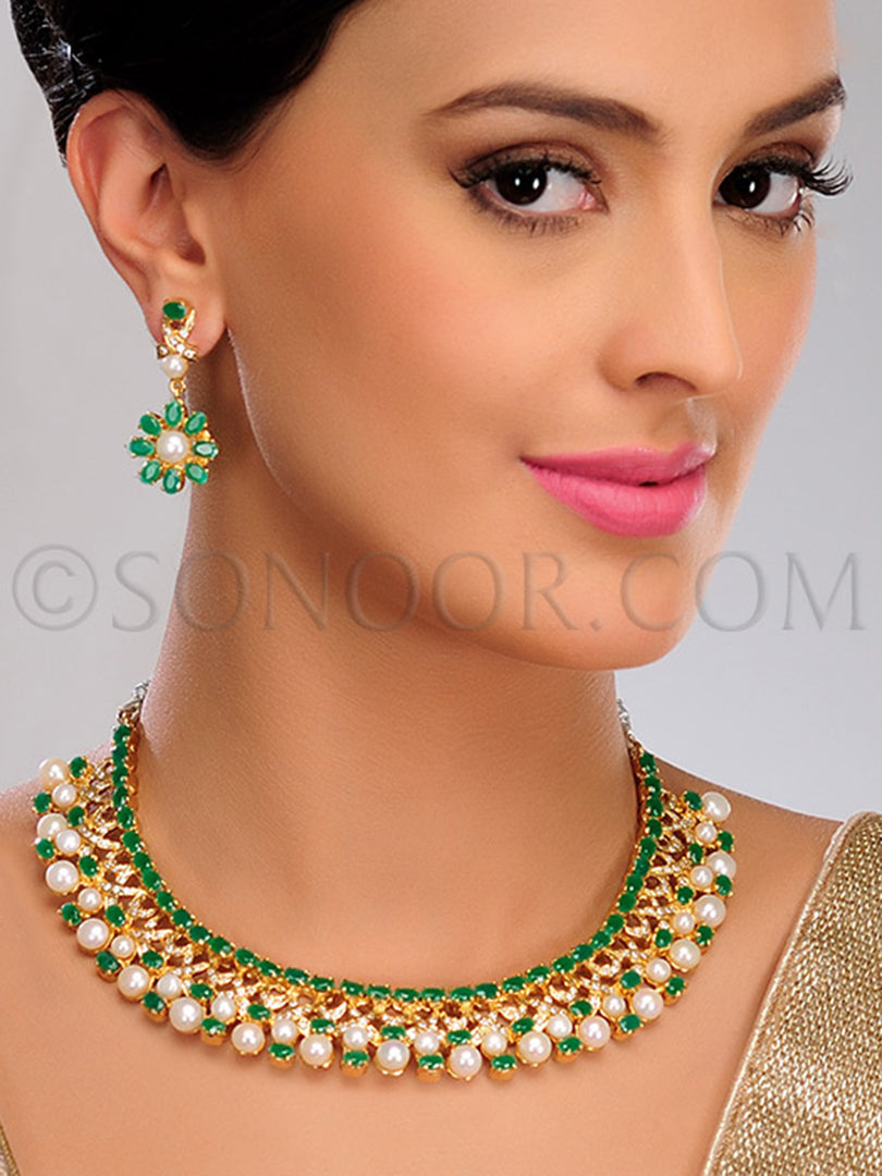 Lira Pearls & green Emerald Necklace Set