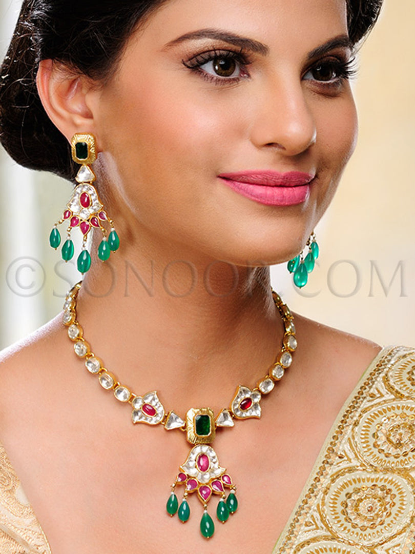 Reem Gold Finish Kundan Ruby Necklace Set