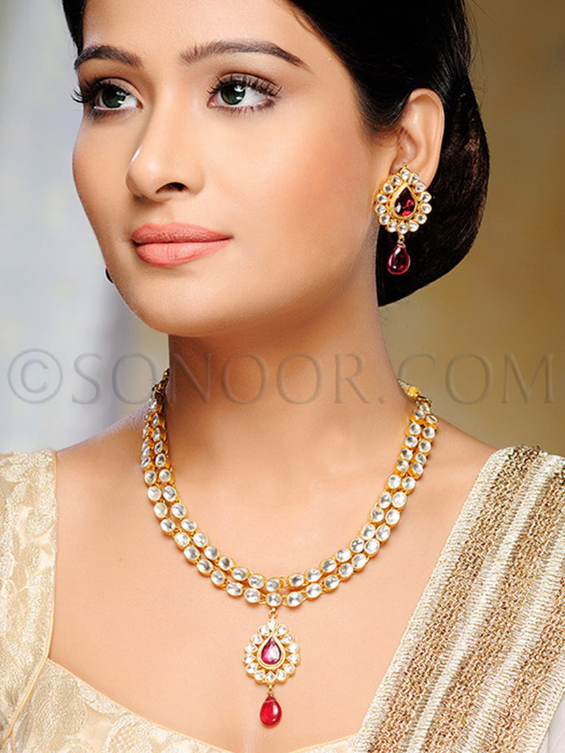 Aanvi Gold Plated Kundan Red Stone Necklace Set