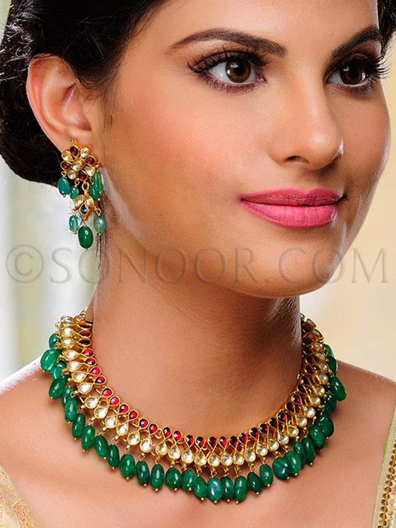 Aashi Antique Kundan Green Drop Necklace