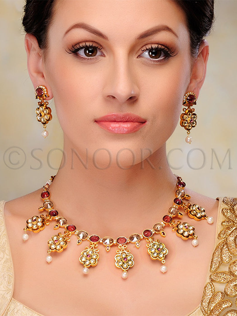 Taj Gold Plated Kundan Pearl Necklace Set