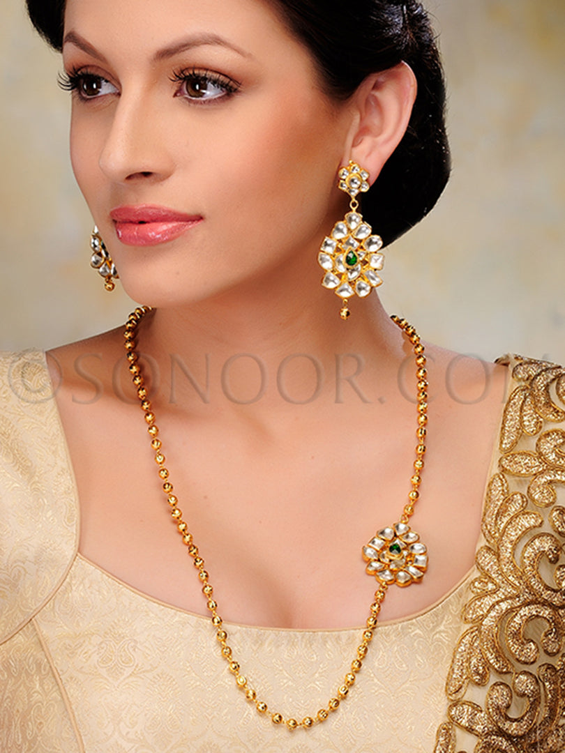 Tehiya Long Gold Chain Kundan Necklace Set