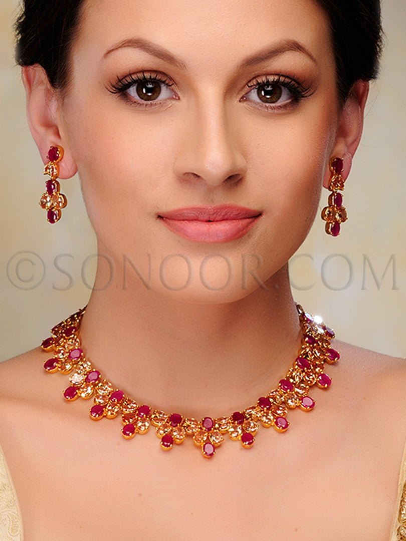 Pachi Red Stone Necklace Set in Gold Finish